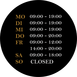 MO DI MI DO FR  SA SO     CLOSED 09:00 - 19:00 09:00 - 19:00 09:00 - 19:00 09:00 - 20:00 09:00 - 12:00 14:00 - 20:00 09:00 - 18:00